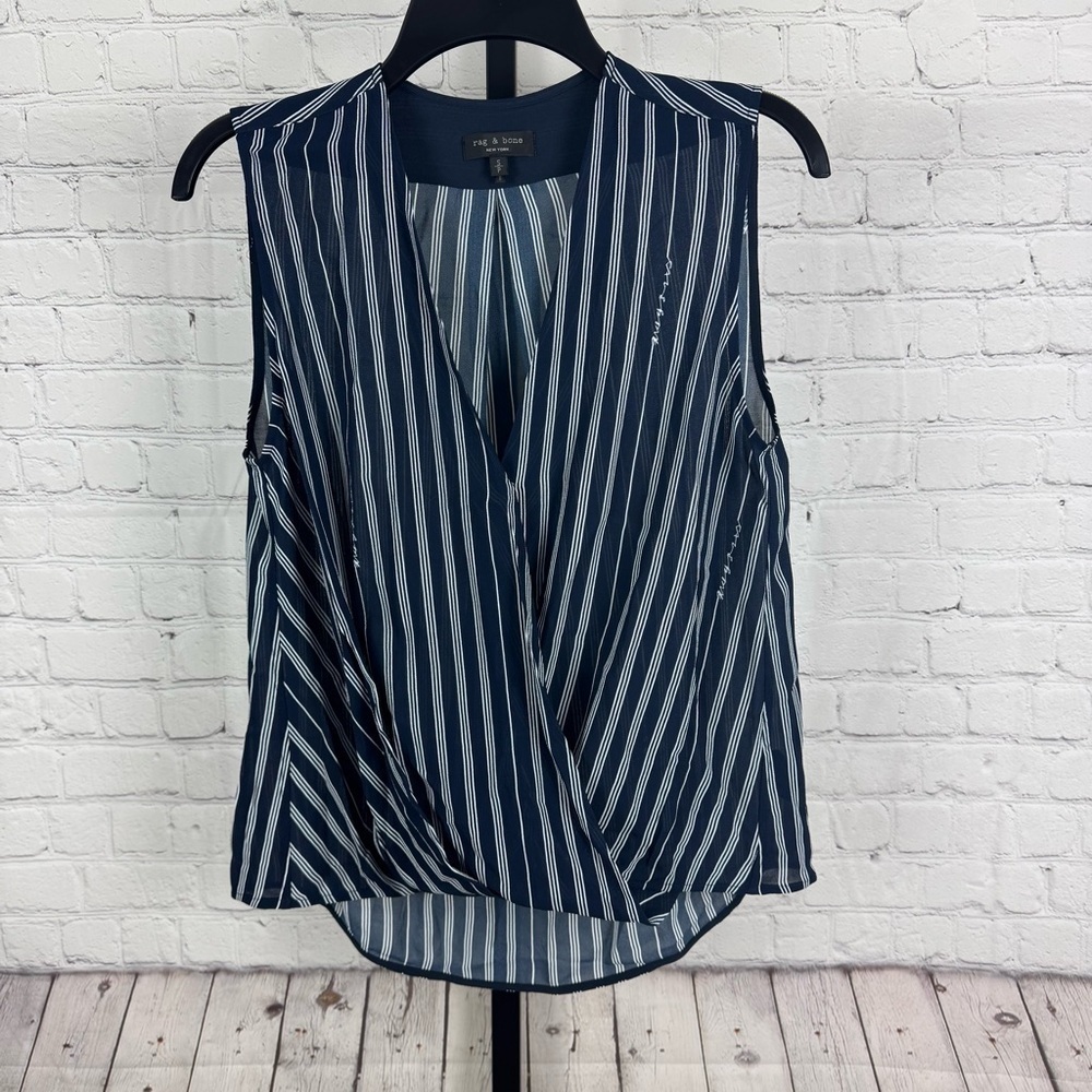 Rag and Bone Victor Sleeveless Silk Blend Navy and White Striped Top Size Small